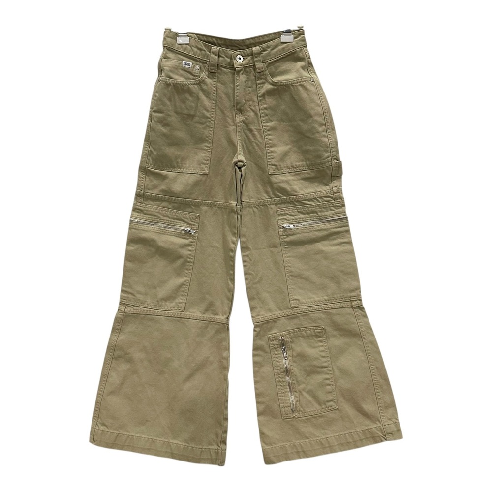 Y2K Ragged Jeans Khaki Xtra Wide Leg Cargo Pants Utility Streetwear Tan Size 26